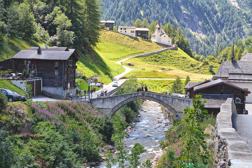 a small bridge over a small river in a valley