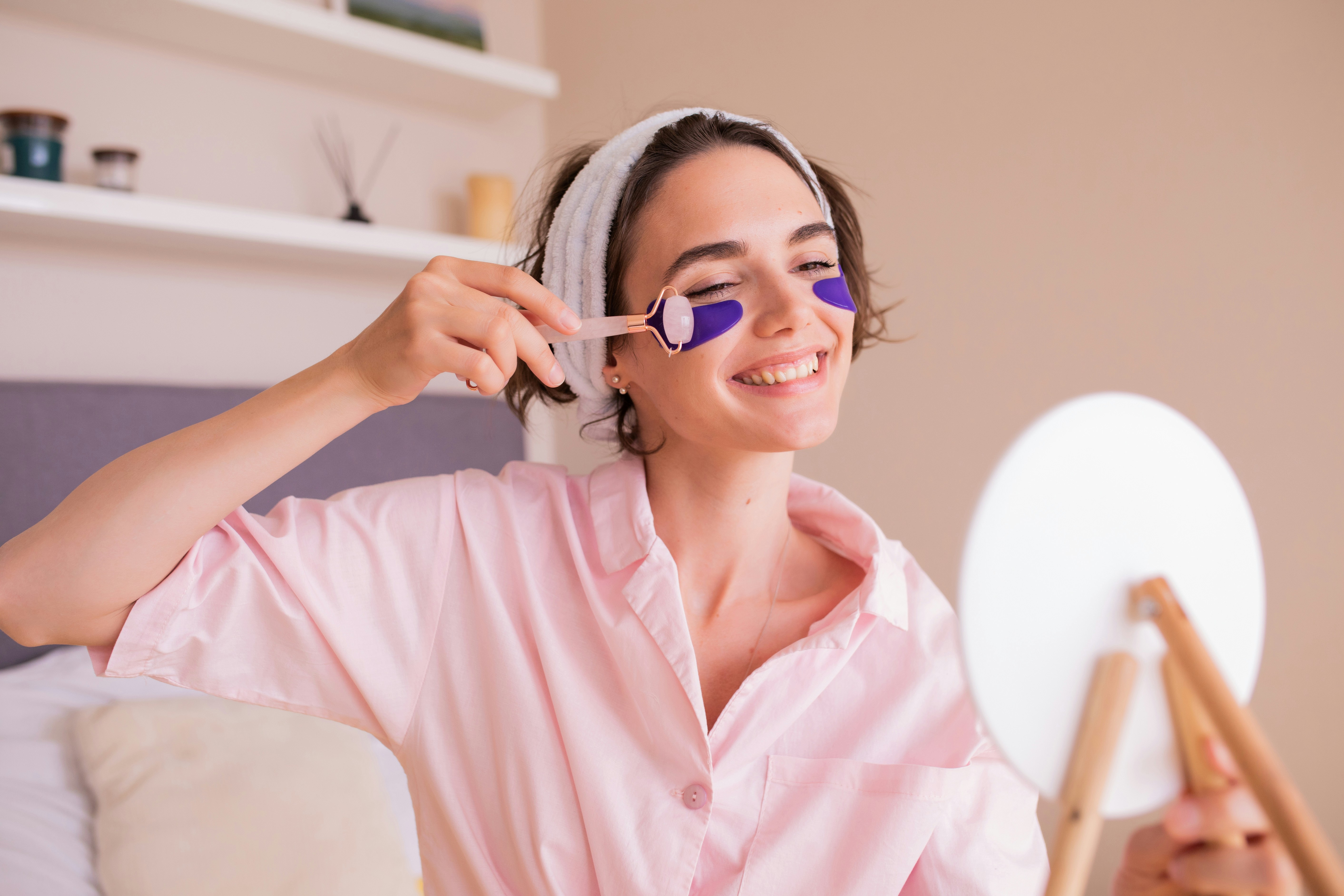Woman relaxing with heated eye masks for dry eyes during evening routine