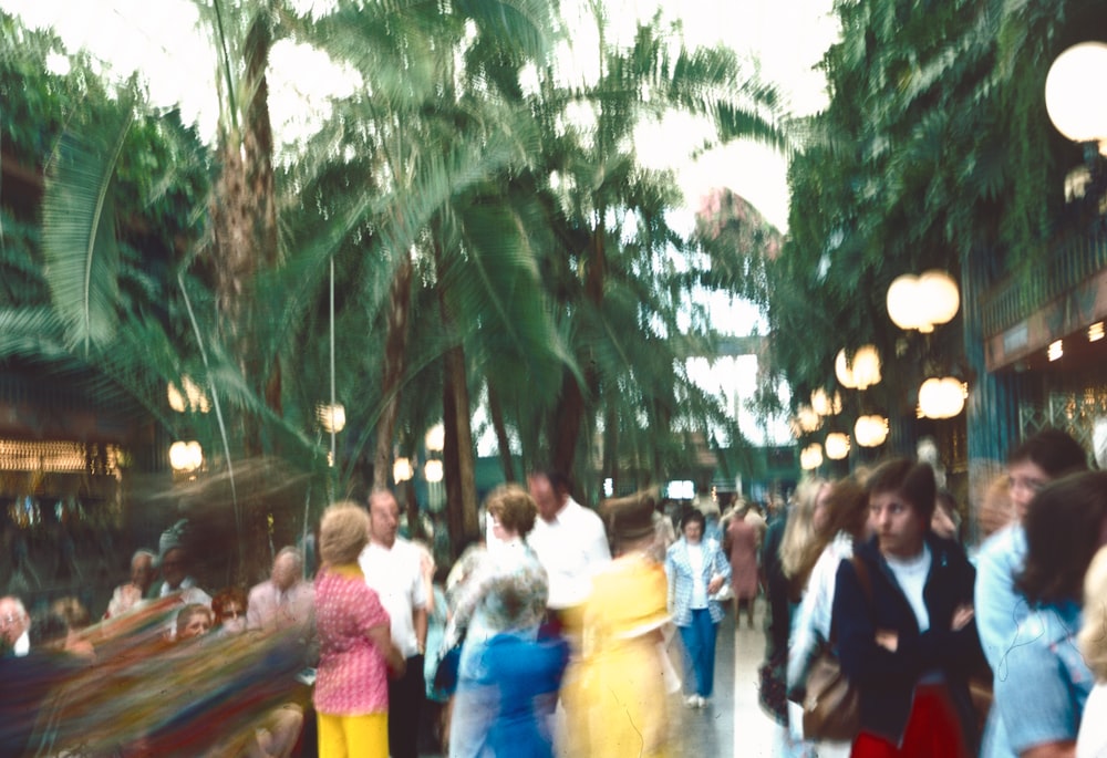 a group of people walking down a street next to palm trees