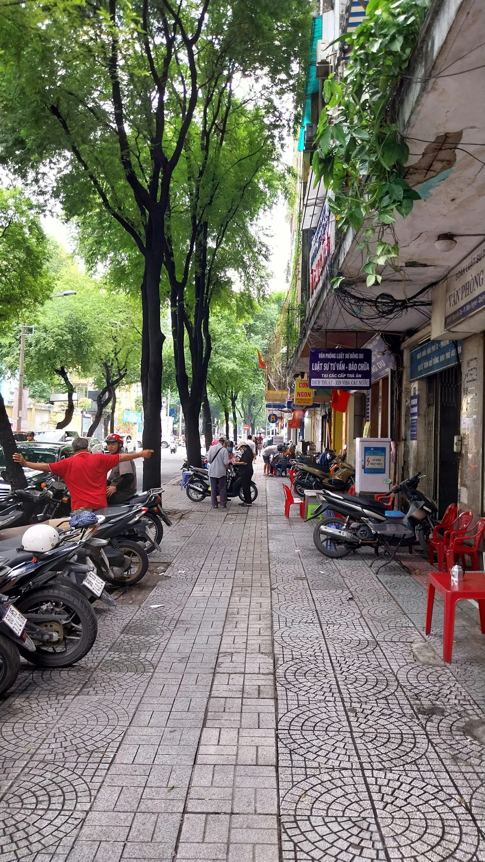 a row of parked motorcycles sitting on the side of a street