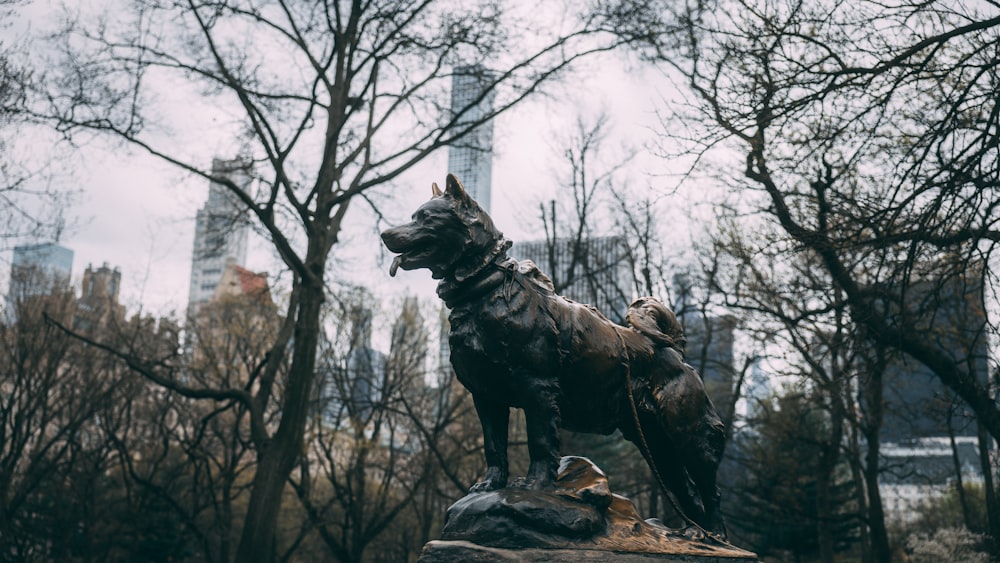 une statue d’un chien au milieu d’un parc