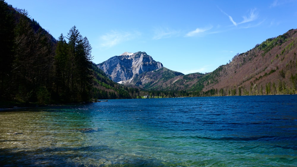 a lake with a mountain in the background