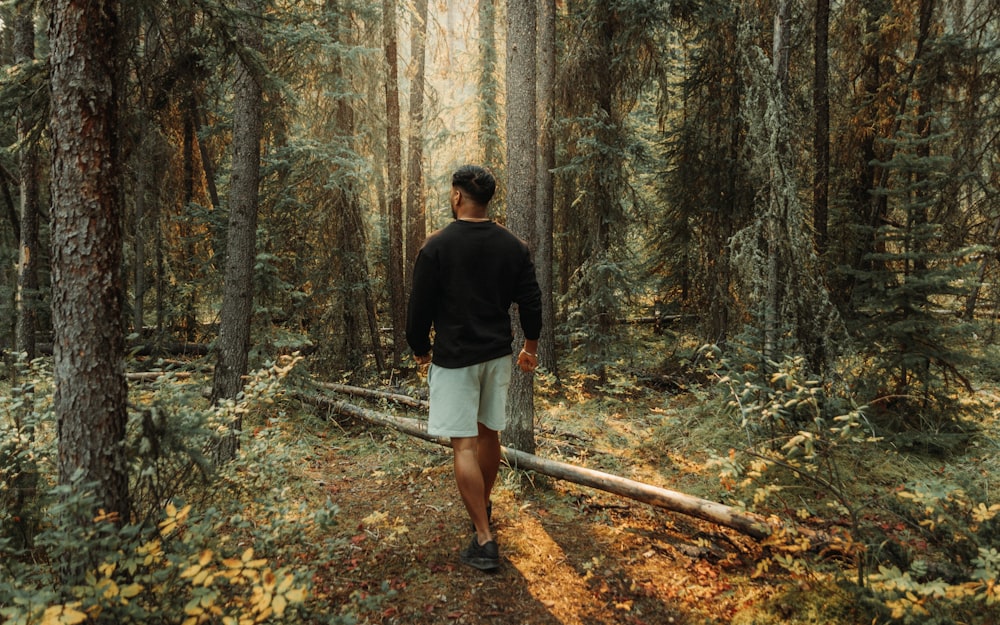 a man walking through a forest next to tall trees