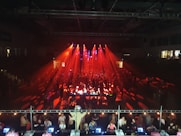 a crowd of people standing around a stage with red lights