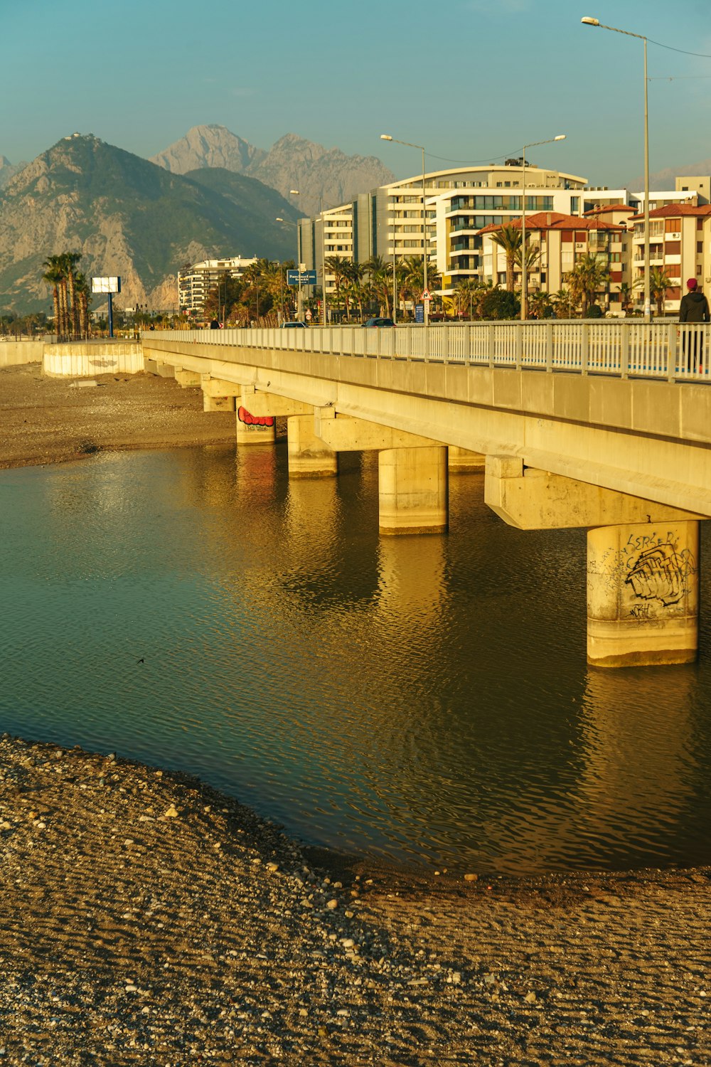 a bridge over a body of water with buildings in the background