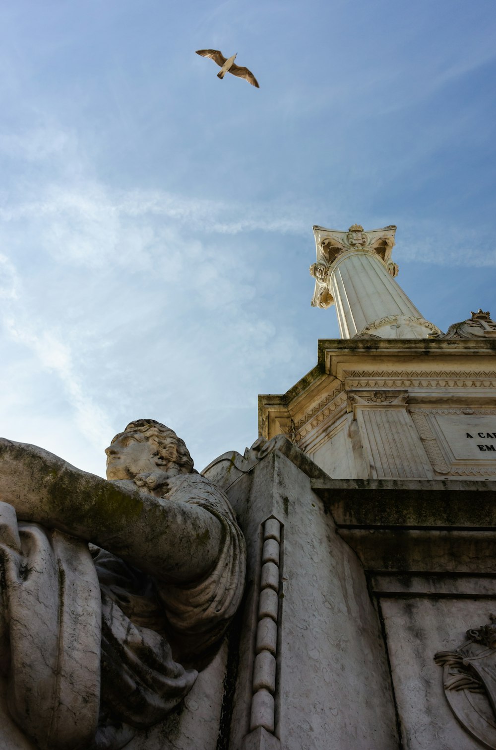 a bird flying over a statue on top of a building