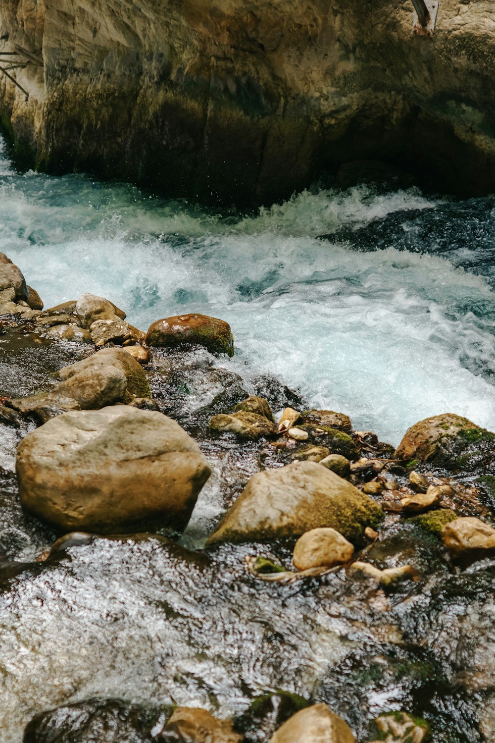 a man standing on a rock next to a river