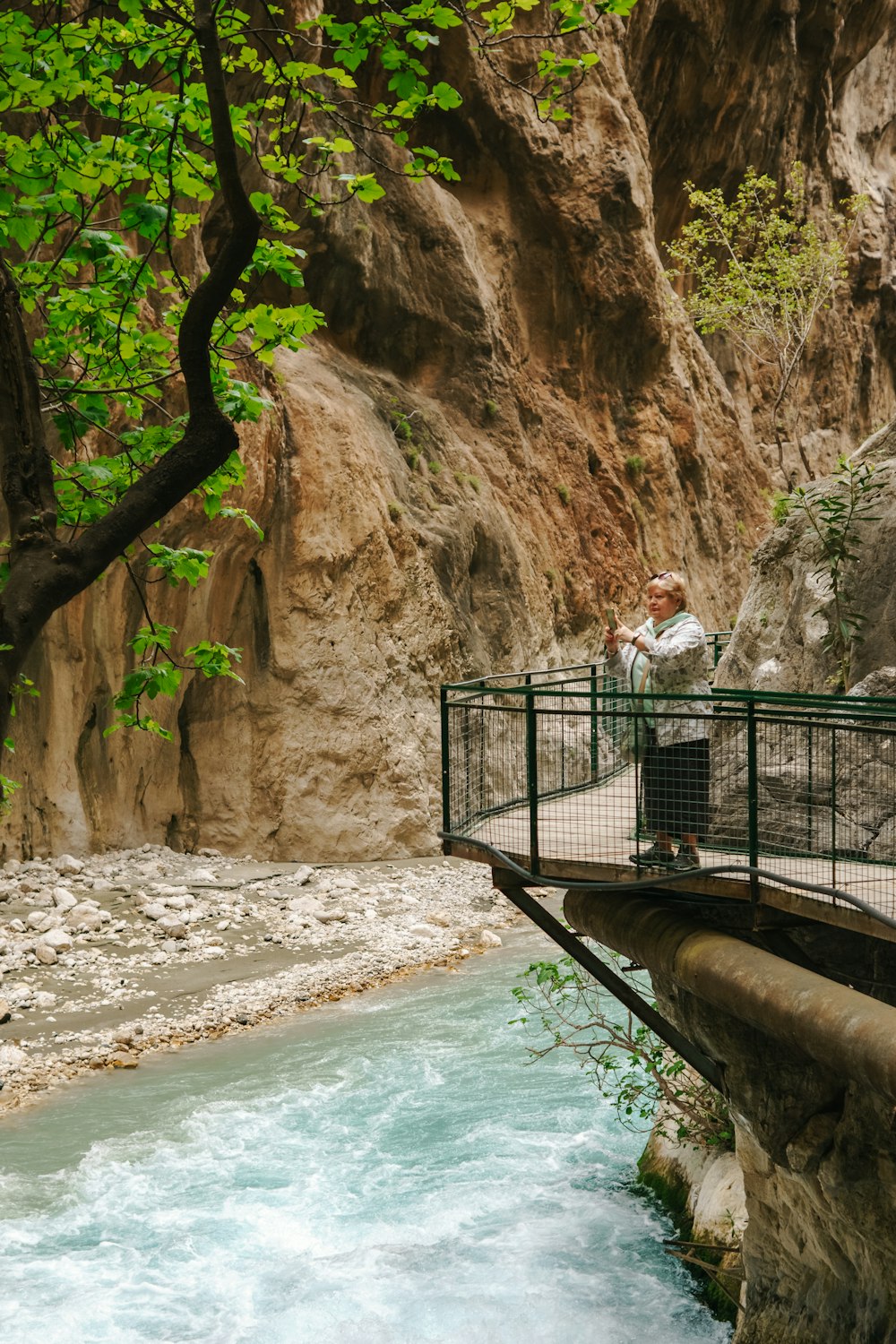 a man standing on a bridge next to a river