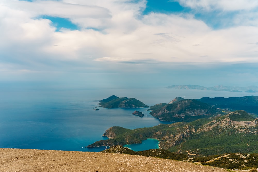 a scenic view of a body of water with mountains in the background