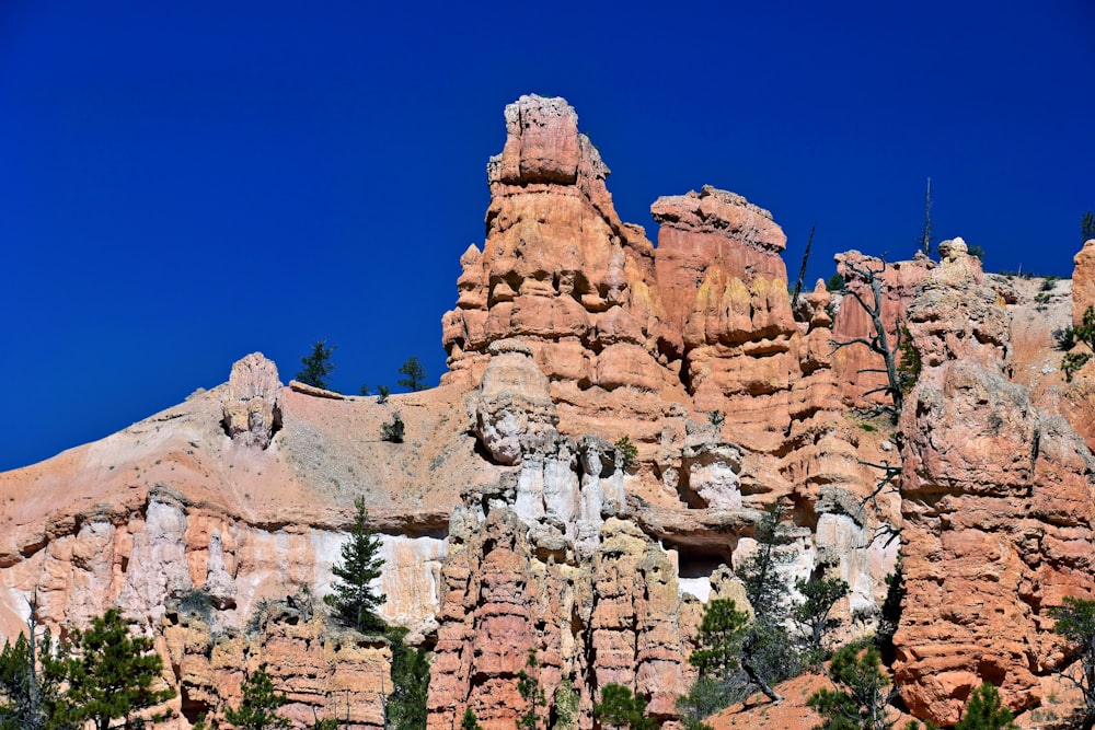 a large rock formation with trees in the foreground