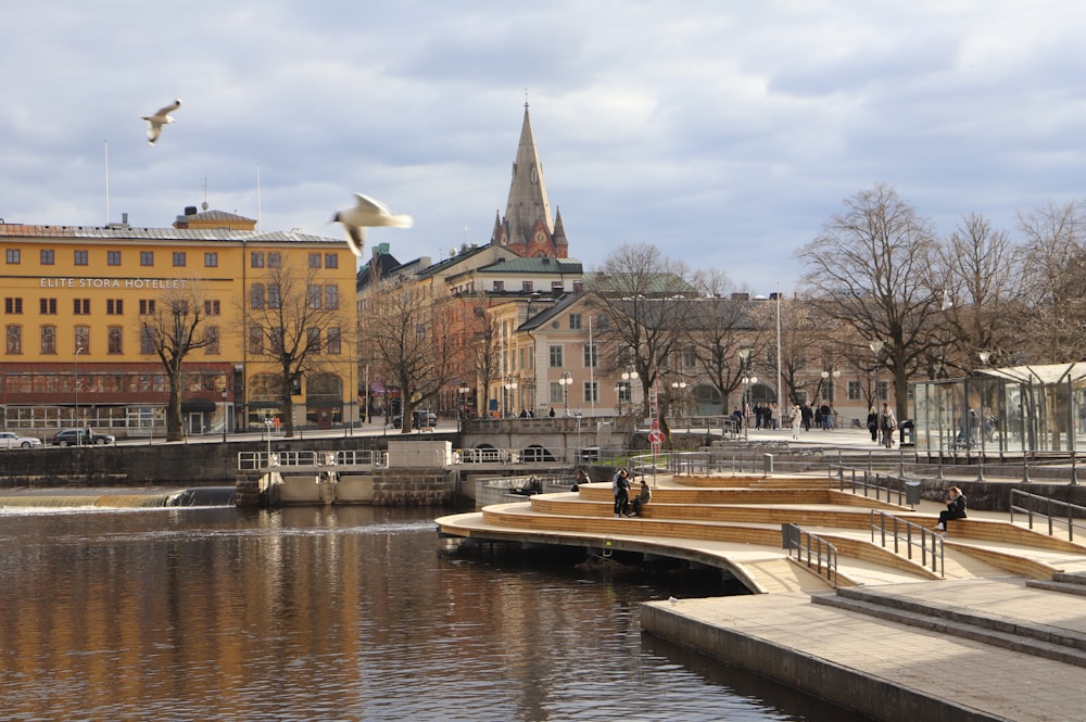 a body of water surrounded by buildings and trees