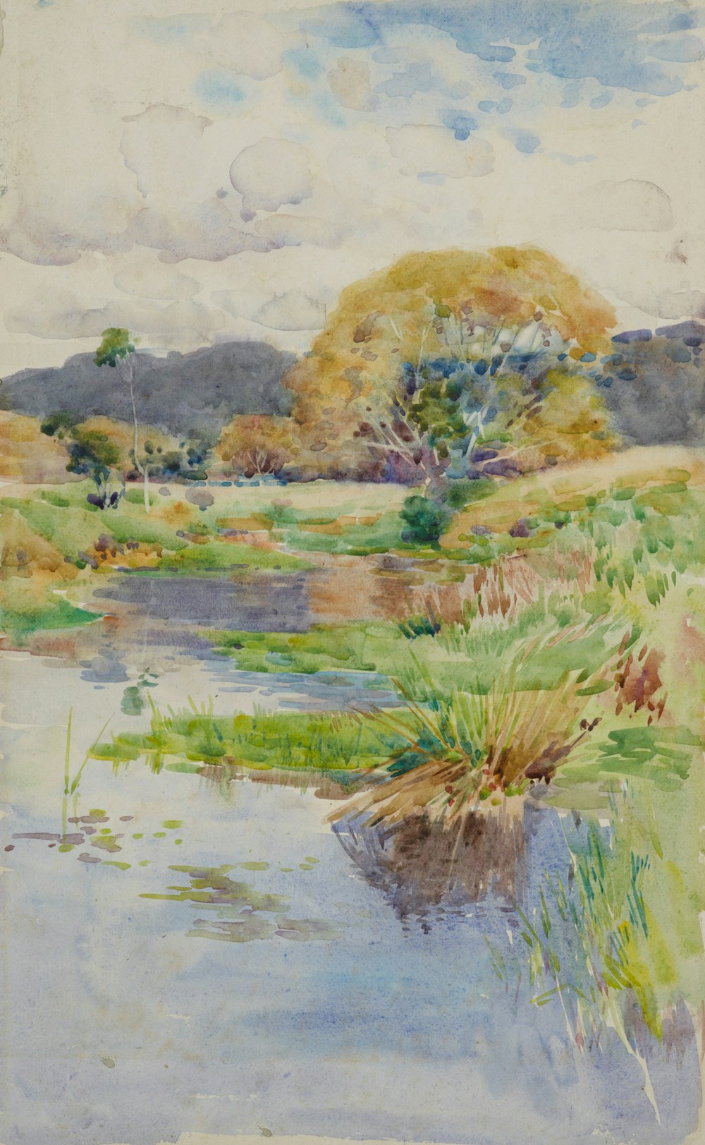a watercolor painting of a river with trees in the background