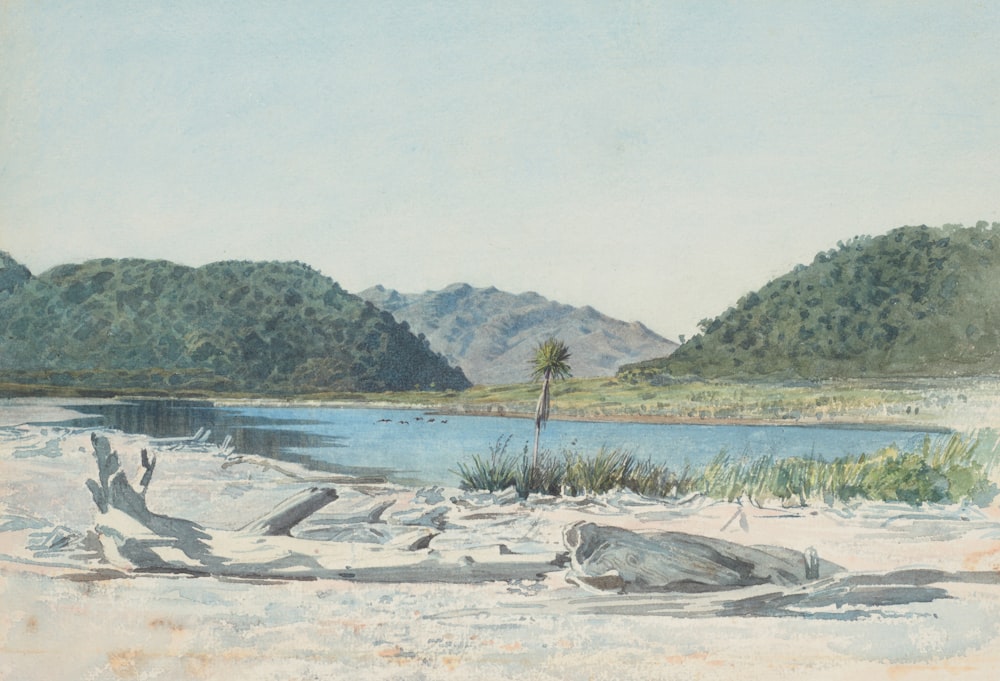 a painting of a lake with mountains in the background