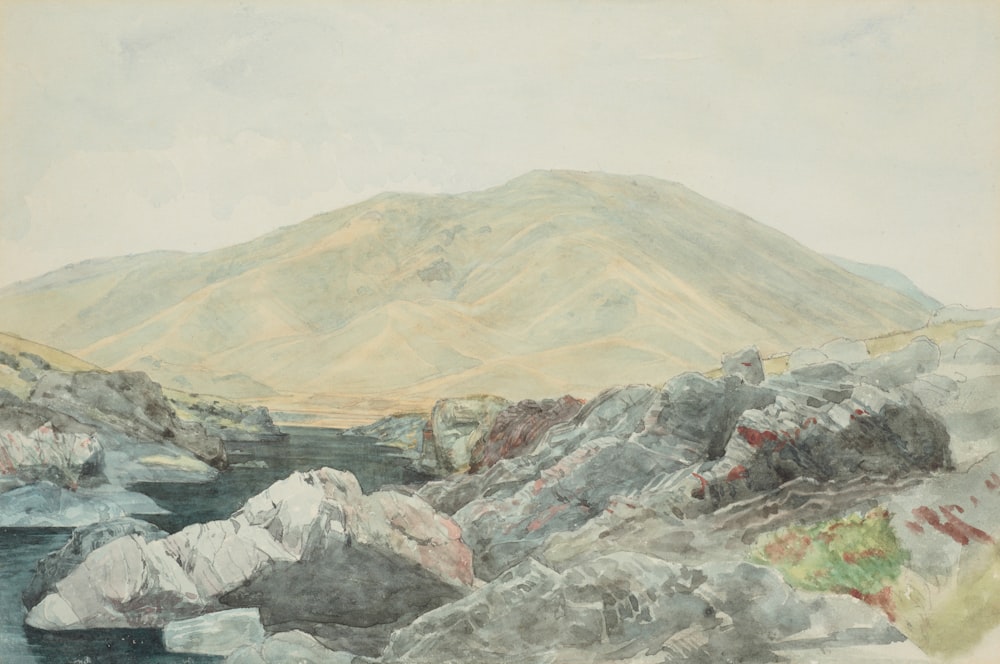 a painting of a mountain with a body of water