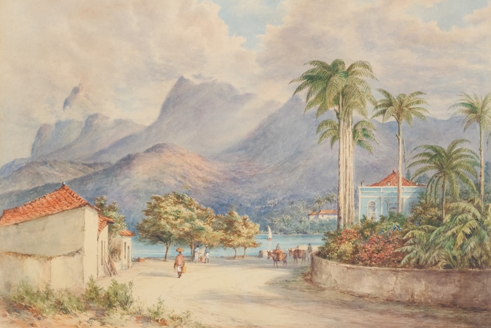 a painting of a tropical scene with a mountain range in the background