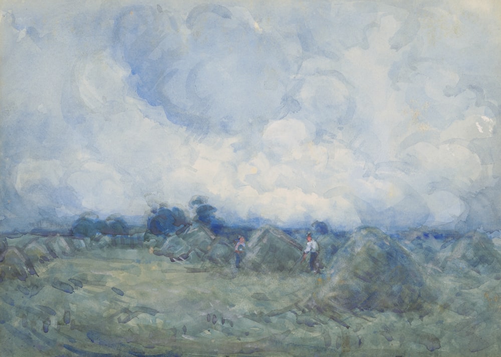 a painting of some people in a field
