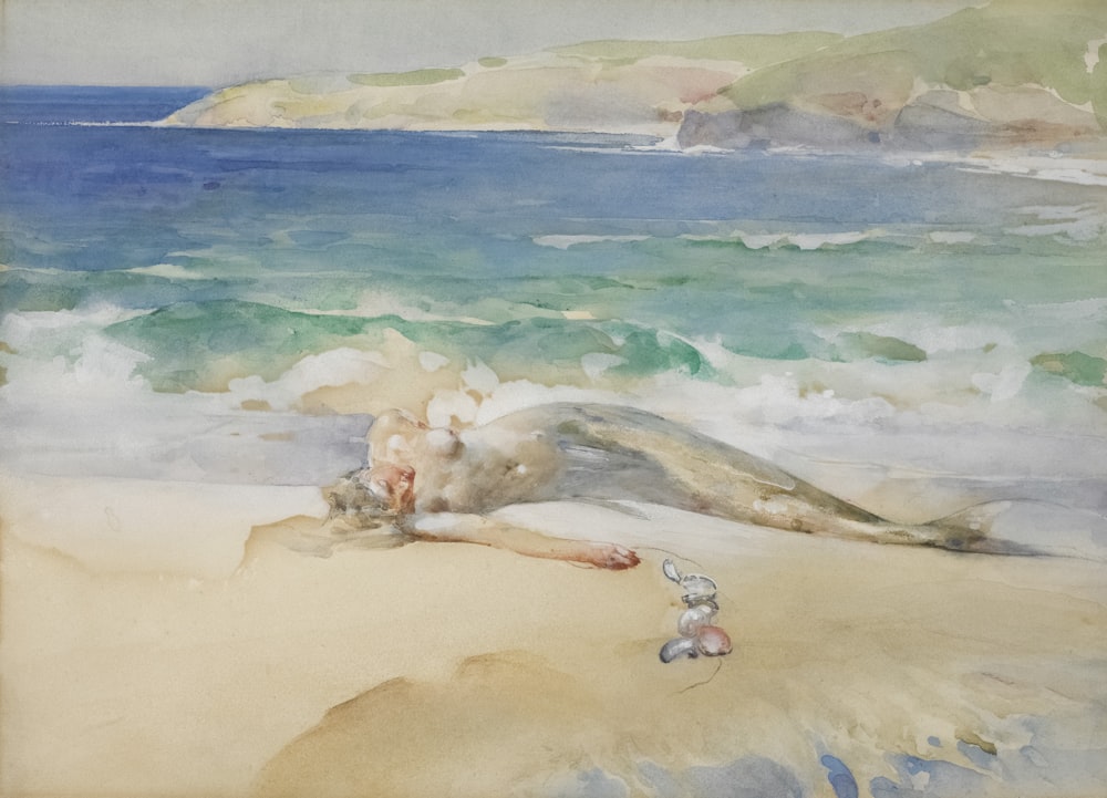 a painting of a woman laying on the beach
