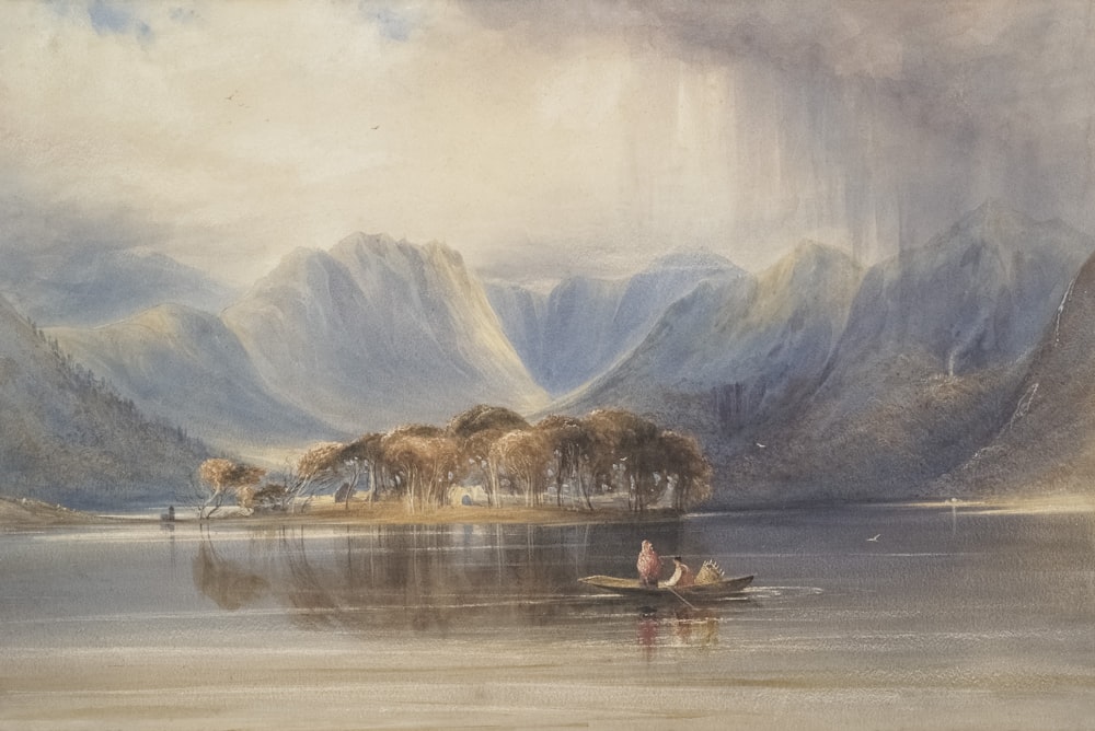a painting of a man in a boat on a lake