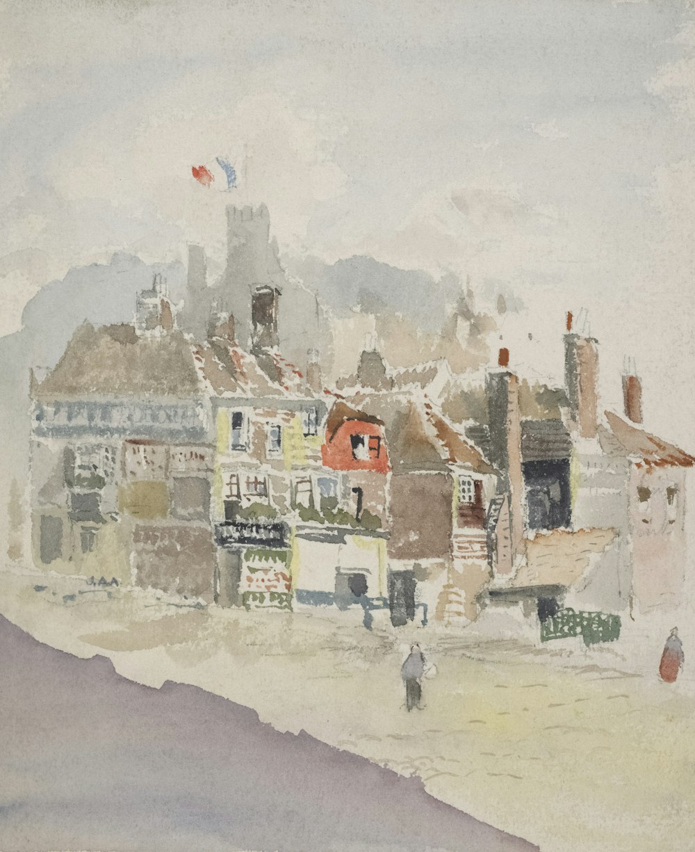 a painting of a town with a sky background