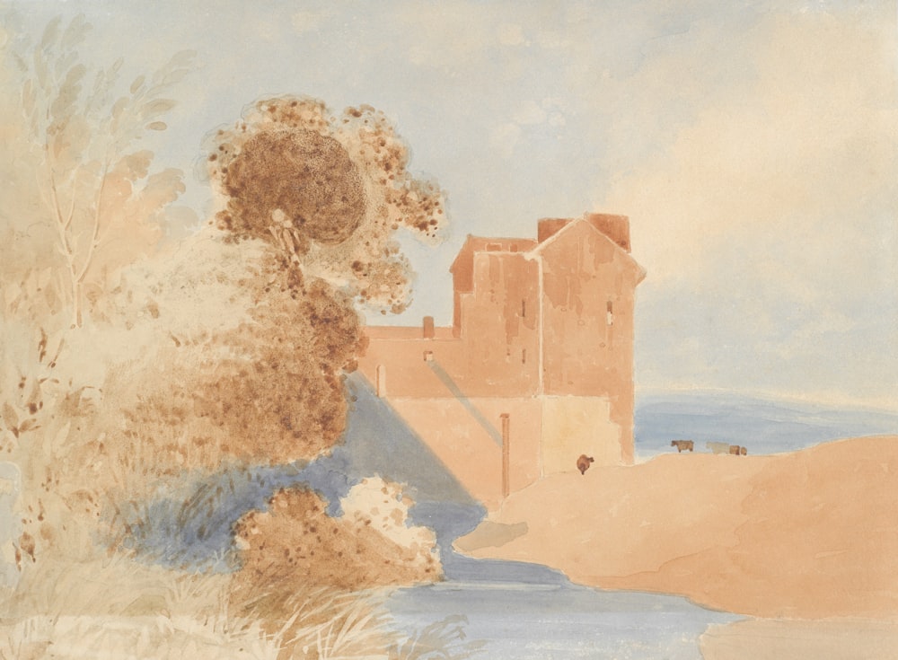 a painting of a castle by a body of water