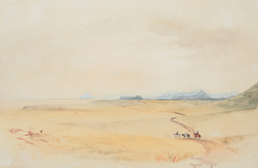 a painting of people riding horses in a desert