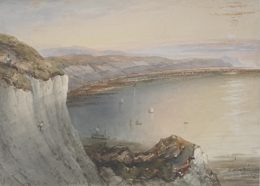a painting of a cliff overlooking a body of water