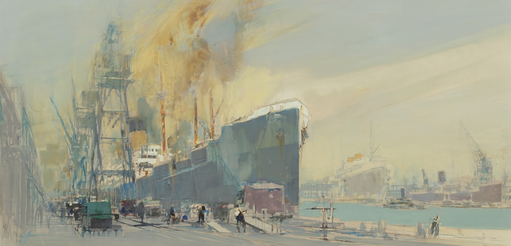 a painting of a large ship in a harbor