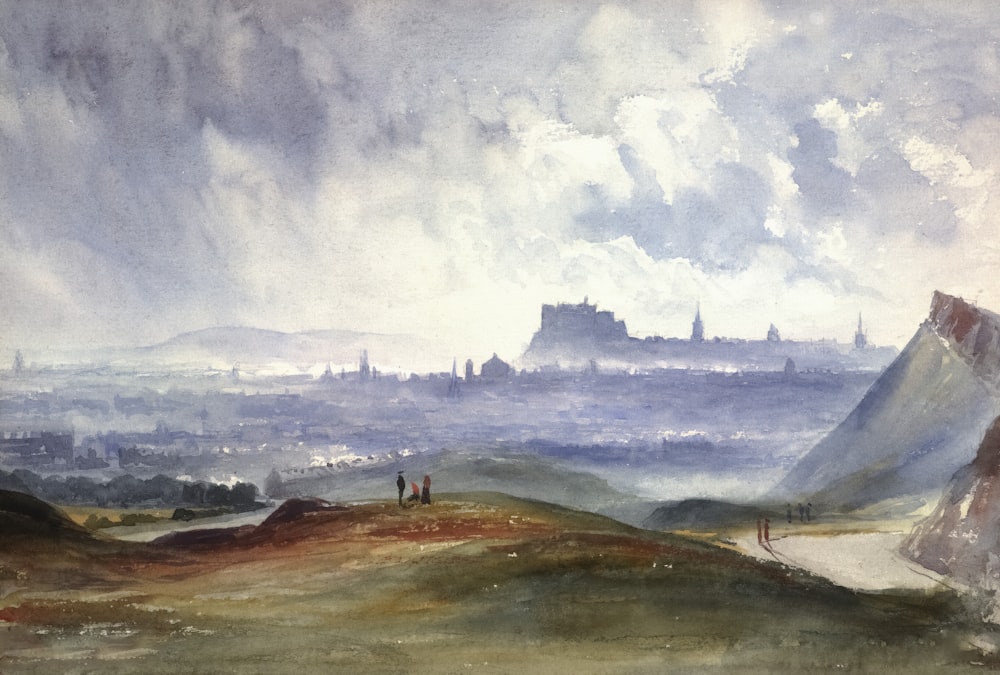 a painting of a landscape with a castle in the distance