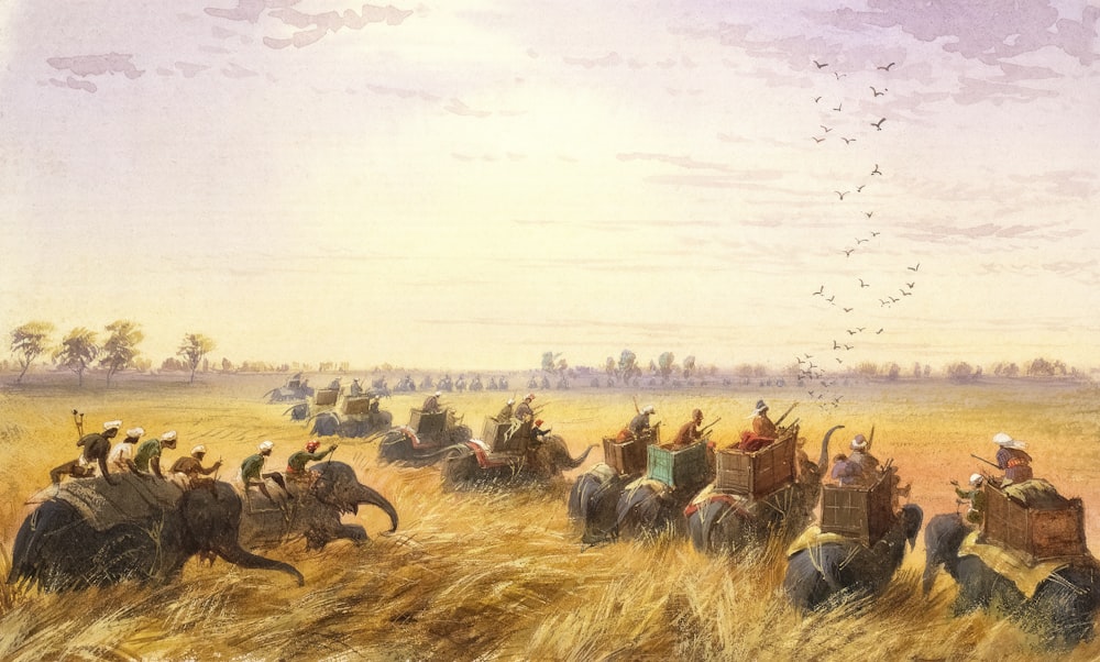 a painting of people riding elephants in a field
