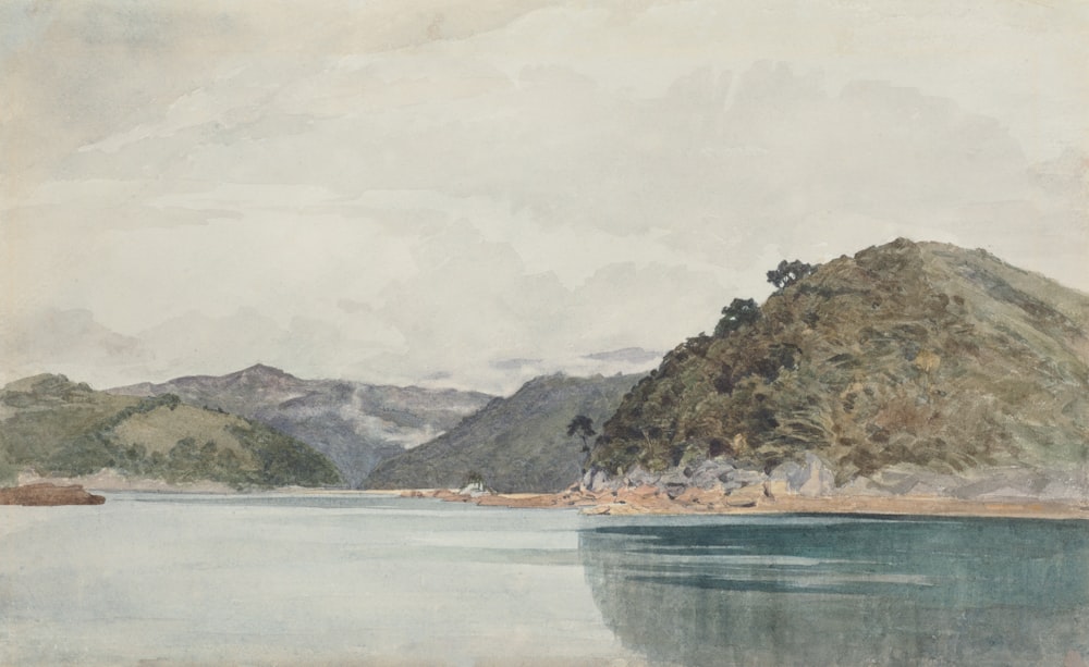 a painting of a lake with mountains in the background