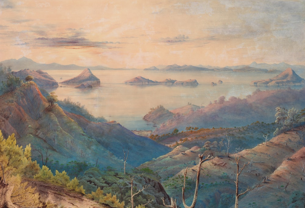 a painting of a mountain landscape with a lake in the distance