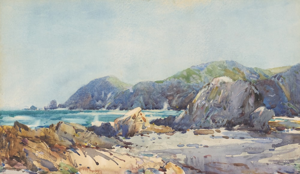 a watercolor painting of a rocky coastline
