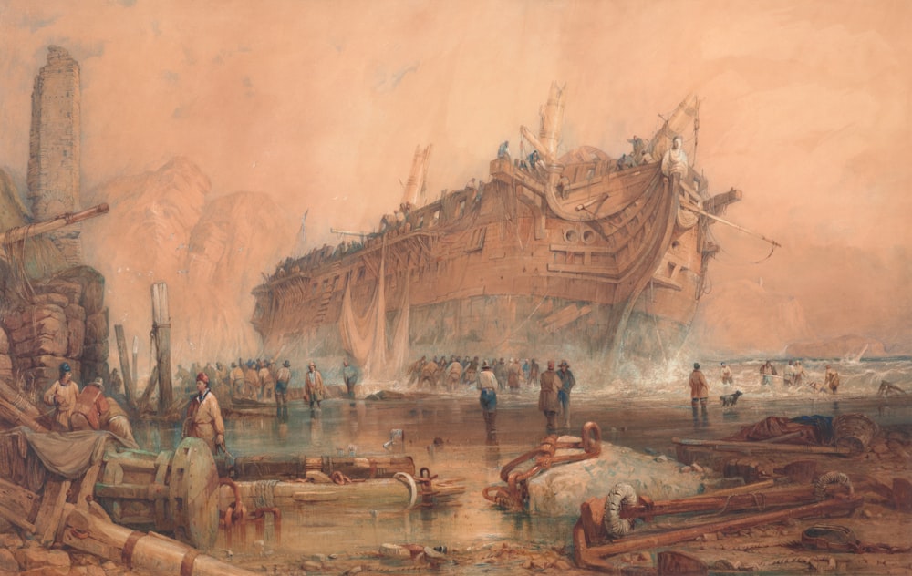 a painting of a ship sinking in the water