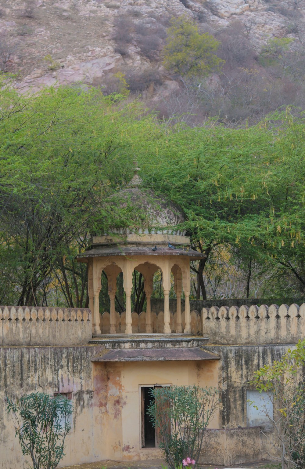 a gazebo in the middle of a garden with a mountain in the background