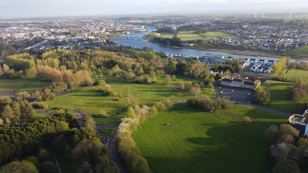 an aerial view of a city and a river