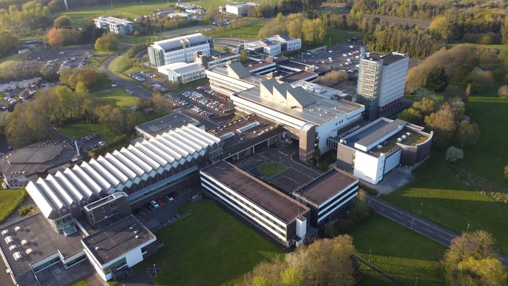 an aerial view of a building in a city