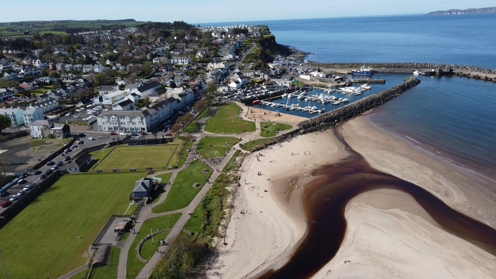 a bird's eye view of a small town by the water