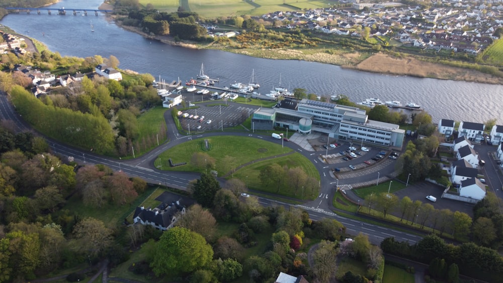 an aerial view of a city and a river