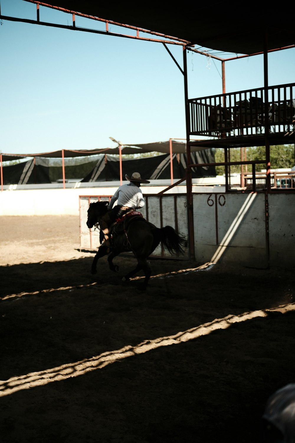 a man riding on the back of a brown horse