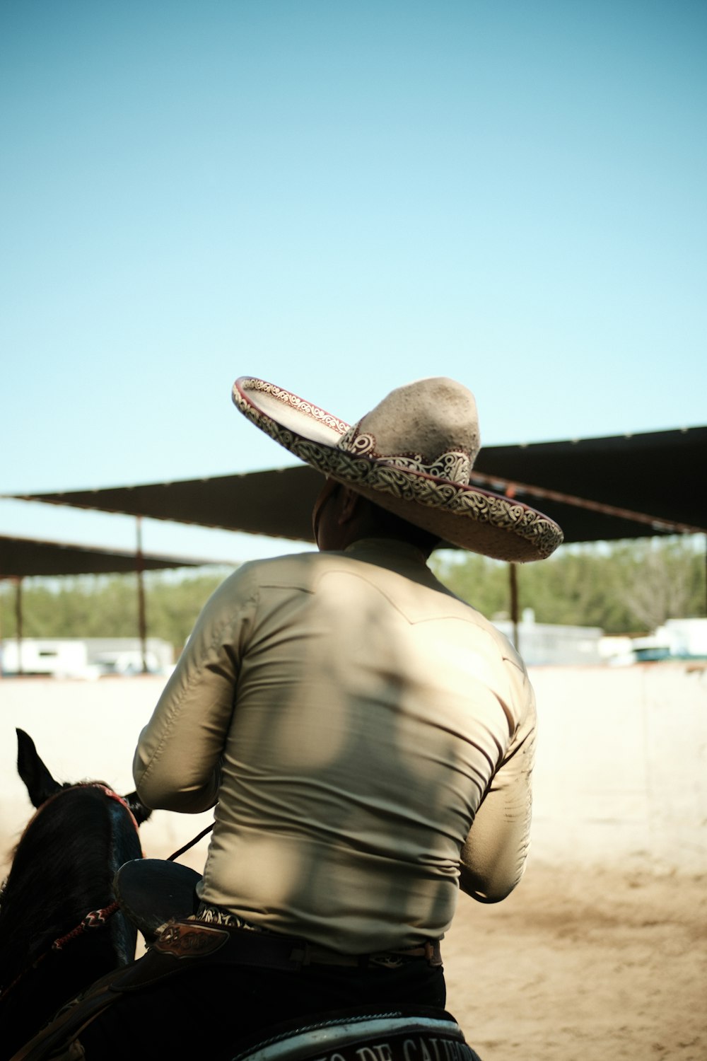 a man riding a horse wearing a sombrero