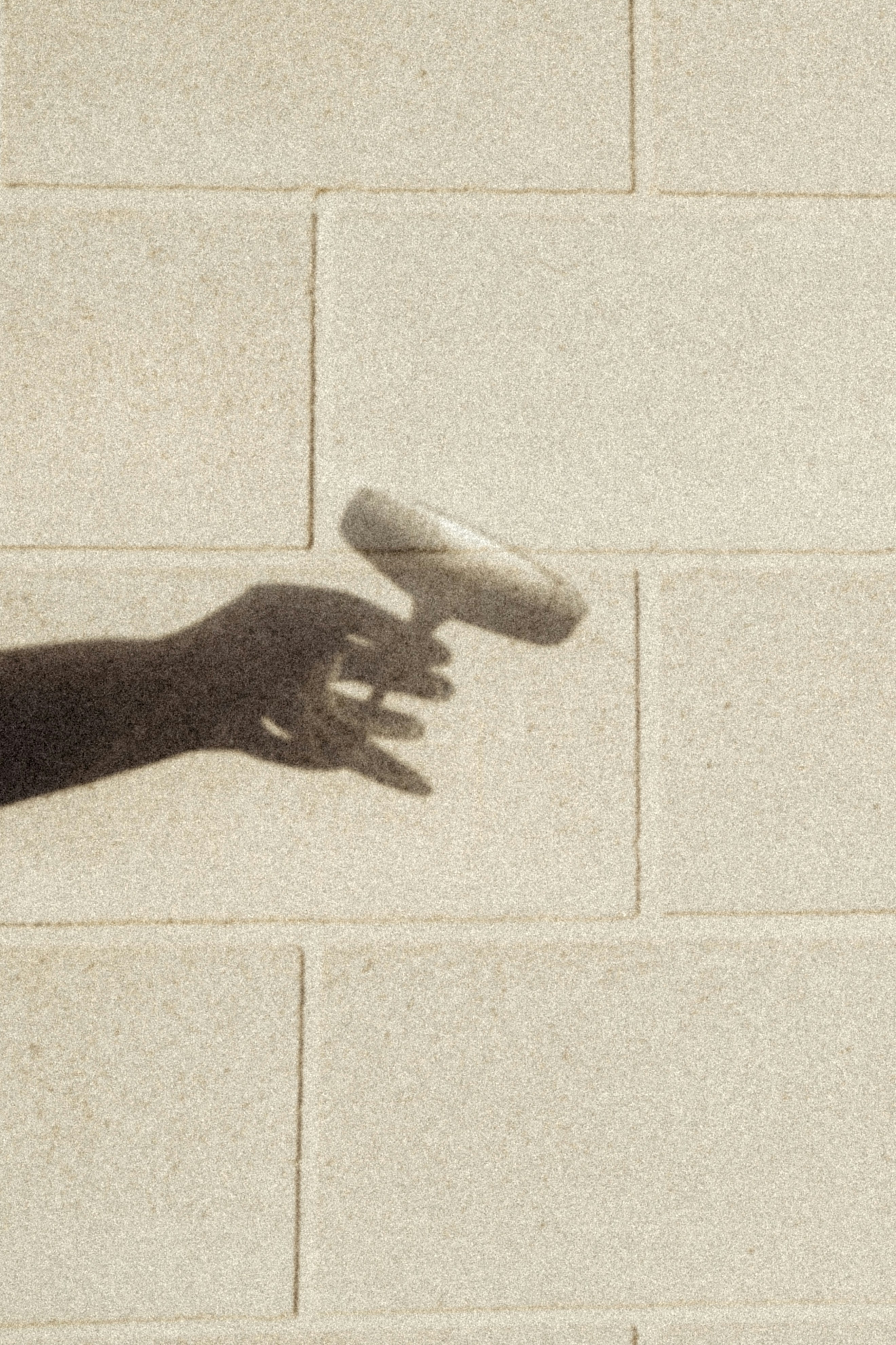 eine Hand, die nach einer Frisbee an einer Ziegelmauer greift