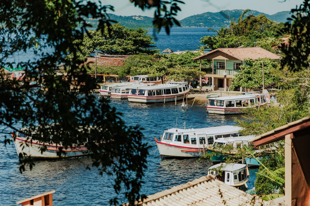 a group of boats floating on top of a river