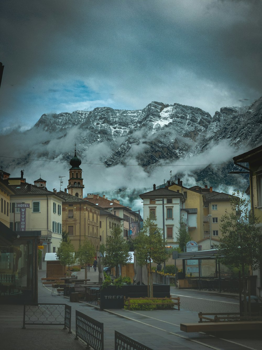 a town with a mountain in the background