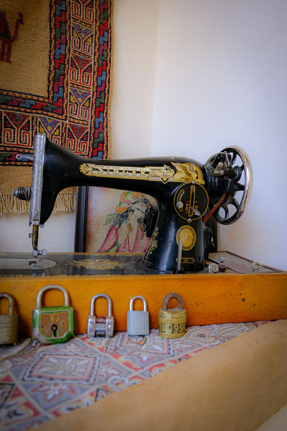 a sewing machine sitting on top of a table