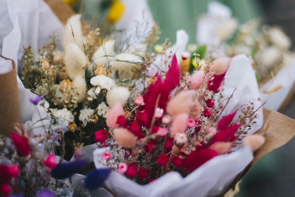 a close up of a bouquet of flowers