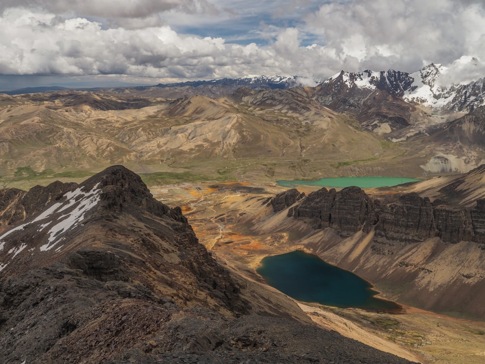 a view of a mountain range with a lake in the middle