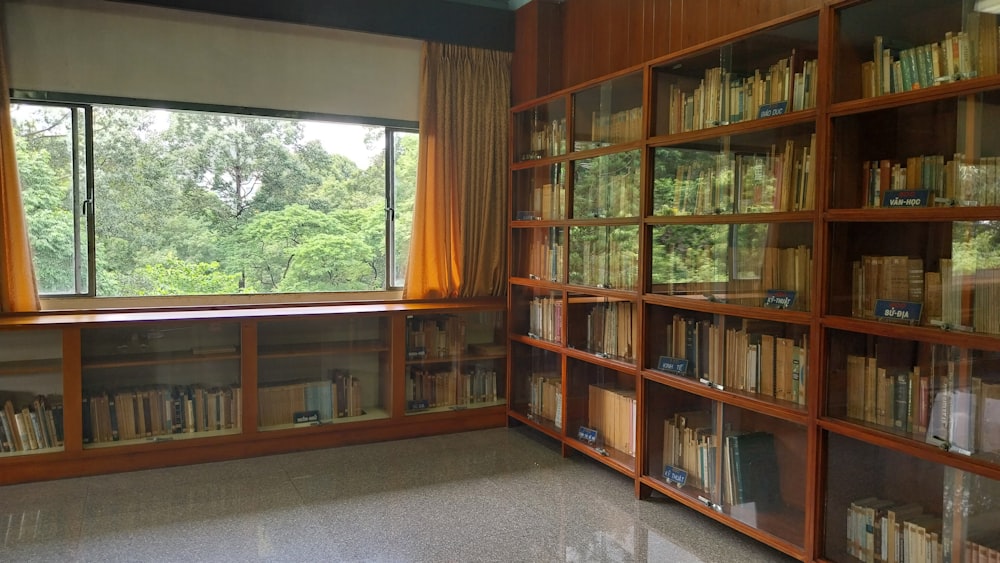 a room filled with lots of books and a window