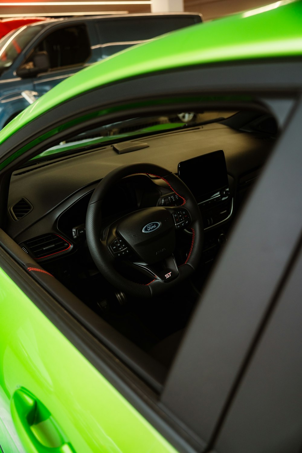 a close up of a car with a steering wheel