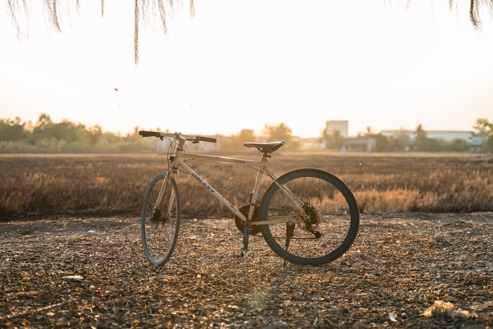 a bike parked in a field with a sky background