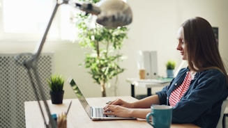 a woman sitting at a desk using a laptop computer